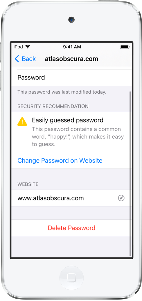 An account screen in Passwords settings. A security recommendation reads “Easily guessed password. This password contains a common word, ‘happy!,’ which makes it easy to guess.” The button Change Password on Website appears below the security recommendation.