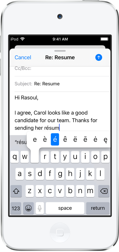 A screen showing an email being composed. The keyboard is open and showing alternate characters for the “e” key.
