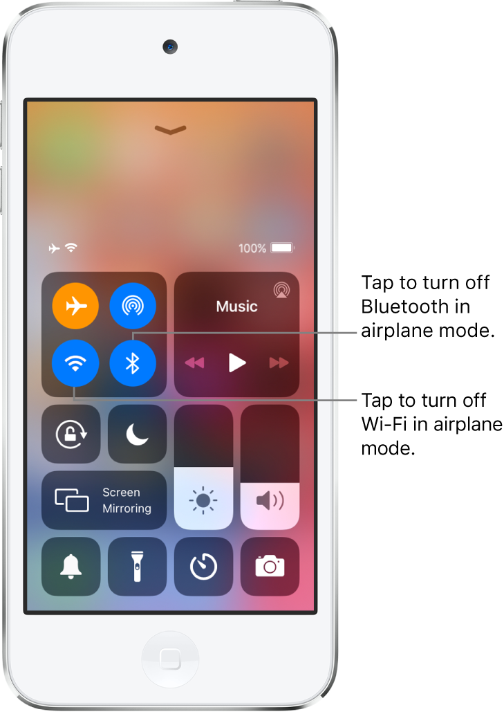 Control Center with airplane mode on, with callouts explaining that tapping the bottom-left button in the top-left group of controls turns off Wi-Fi and tapping the bottom-right button in that group turns off Bluetooth.