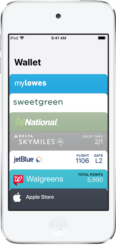 The Wallet screen, showing the tops of several passes. Tap a pass to view the details.