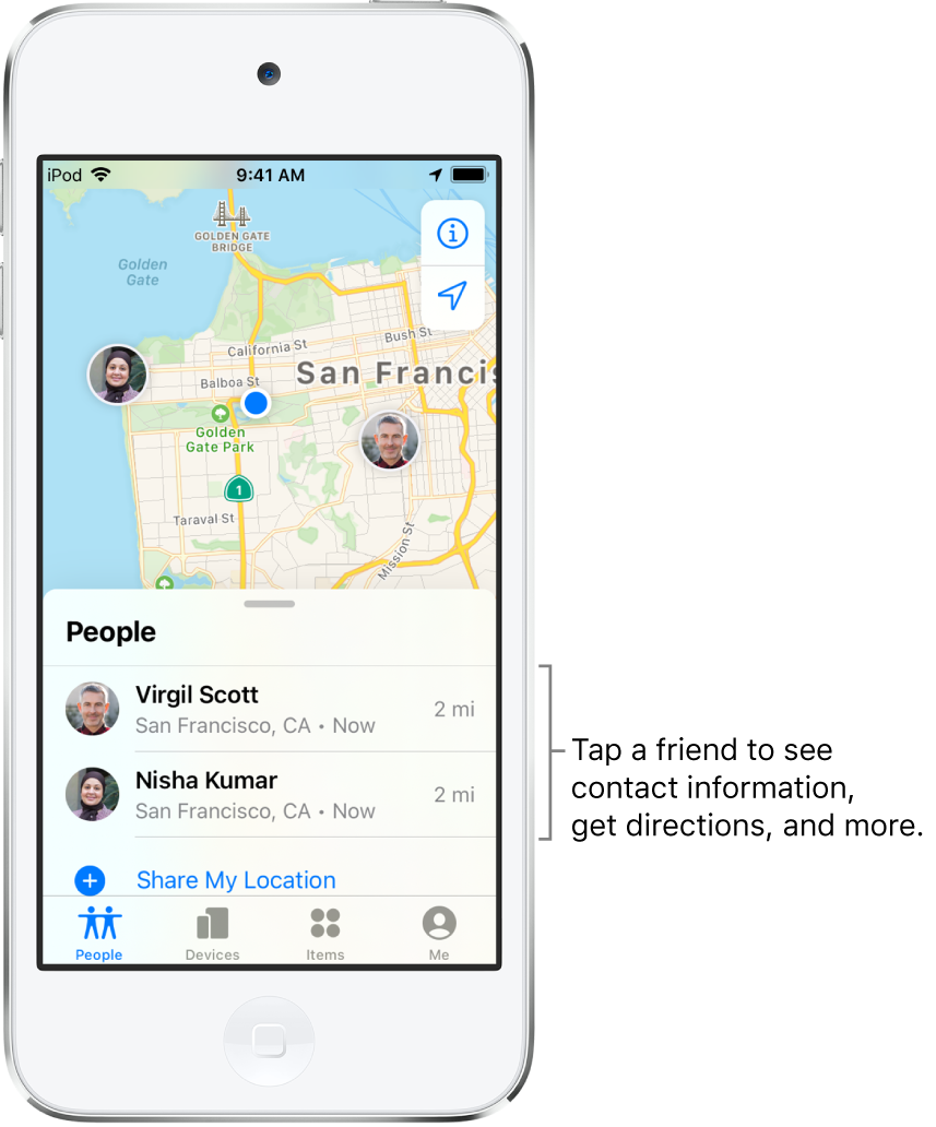 The Find My screen open to the People tab. There are two friends in the People list: Virgil Scott and Nisha Kumar. Their locations are shown on a map of San Francisco.