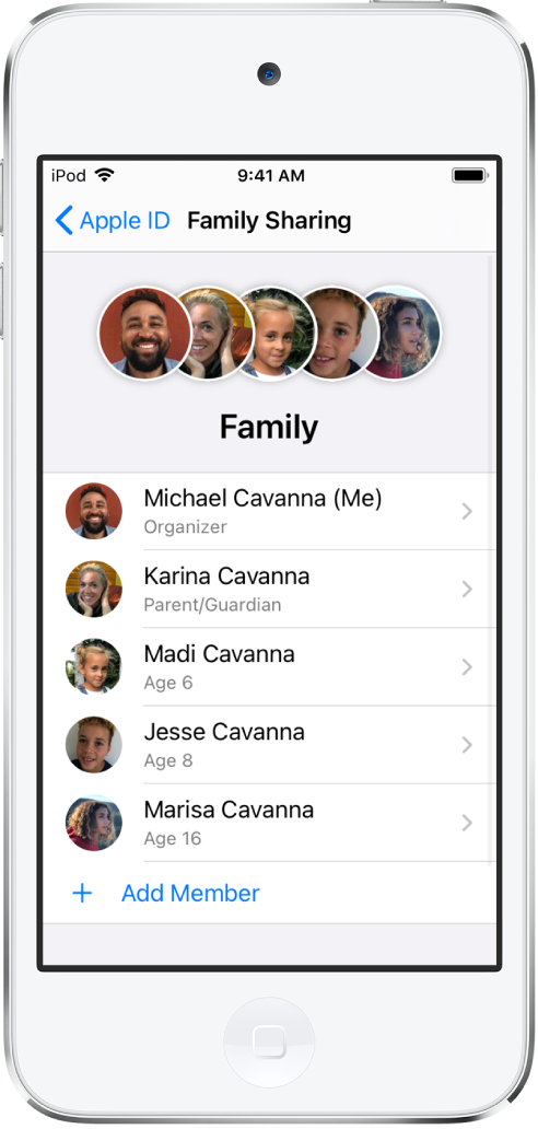 The Family Sharing screen in Settings. Five family members are listed and Add Member is visible at the bottom of the screen.