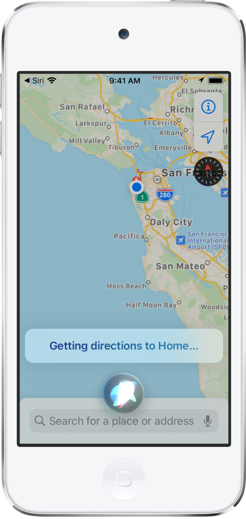 A map showing the Siri response “Getting directions to Home” at the bottom of the screen.