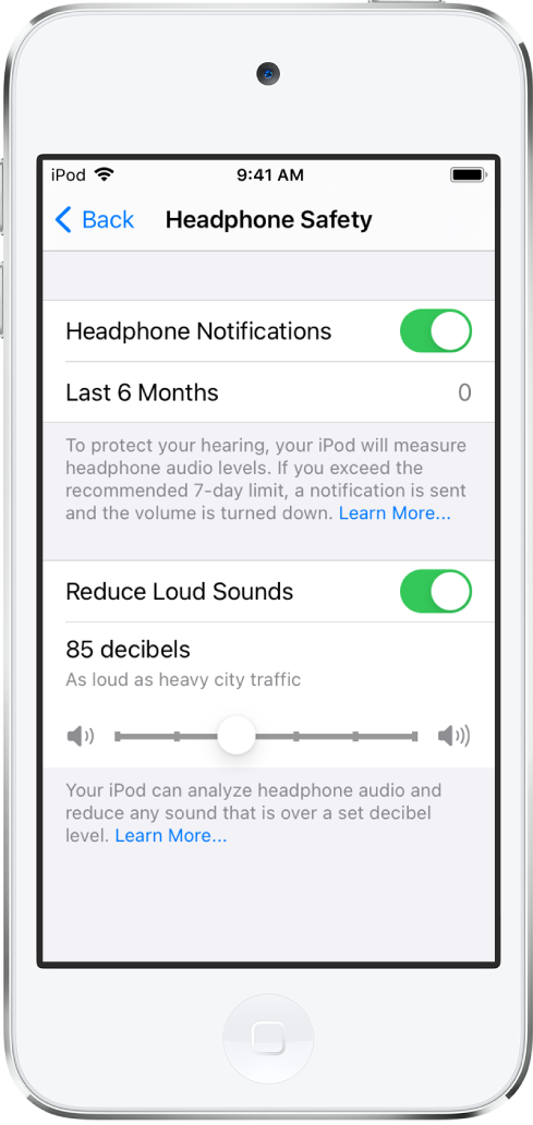The Headphone Safety screen, showing the button for turning on or off Headphone Notifications, the number of headphone notifications sent in the last 6 months, the button for turning on or off the Reduce Loud Sounds setting, a slider for changing the maximum decibel level, and the selected decibel limit of 85 decibels.