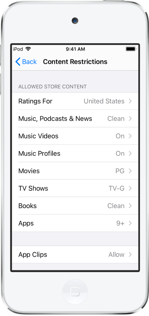 The Content Restrictions screen of Screen Time. The setting options are listed from top to bottom of the screen and show that the ratings are set for the United States. Music, Podcasts and News is set to clean, Movies is set to PG, TV Shows is set to TV-G, Books is set to Clean, and Apps is set to nine plus.