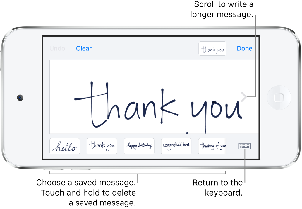 The handwriting screen with a handwritten message. Along the bottom, from left to right, are saved messages and the Show Keyboard button.