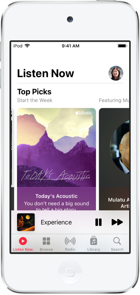 The Listen Now screen showing the profile button at the top right. Top Picks playlists appear below.