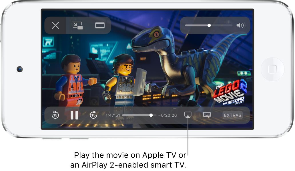 A movie playing on the iPod touch screen. At the bottom of the screen are the playback controls, including the Screen Mirroring button near the bottom right.