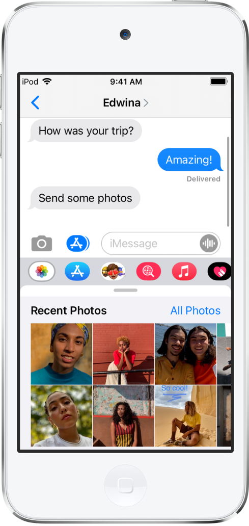 A Messages conversation, showing the iMessage Photos app below it. The iMessage Photos app shows, from the top left, the links to Recent Photos and All Photos. Below that are the recent photos, all of which can be viewed by swiping left.