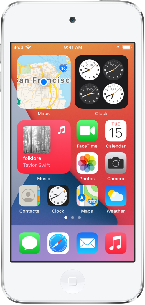 The iPod touch Home Screen. In the top half of the screen are the Maps, Clock, and Music widgets. To the right of the Music widget and along the bottom half of the screen are apps.