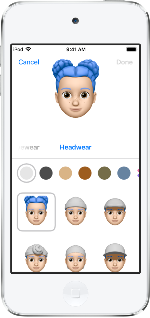 The create Memoji screen, showing the character being created at the top, features to customize below the character, then below that, options for the selected feature. The Done button is at the top right and the Cancel button is at the top left.