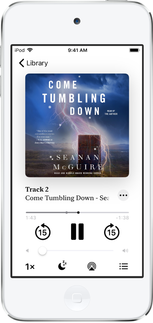 The audiobook player screen showing the audiobook cover at the top. Below the cover are the playhead, track number, author and audiobook name, and the play, pause, and skip back and skip forward controls. Below the player controls is the volume control slider. At the bottom of the screen, from left to right, are the Playback Speed button, Sleep Timer button, Playback Destination button, and Share button. The Track List button is at the top right and the Close button is at the top left.
