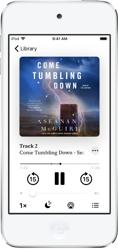 The audiobook player screen showing the audiobook cover in the top center. Below the cover are the track number, audiobook name, and author. Below the audiobook name is the playhead, and below that are the play, pause, and skip back and skip forward controls. Below the player controls is the volume control slider. At the bottom of the screen, from left to right, are the Playback Speed button, Sleep Timer button, Playback Destination button, and Track List button. The Library button is at the top-left corner.