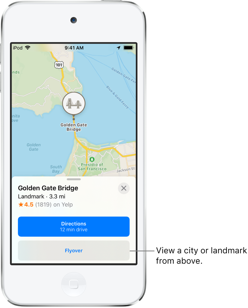An information card for the Golden Gate Bridge shows a Flyover button below a Directions button.