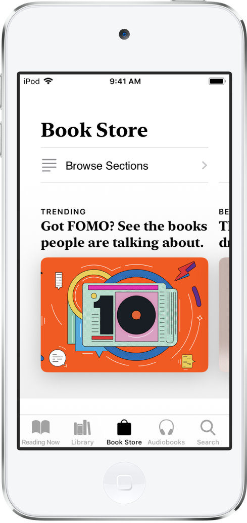 In the Books app, a screen in the Book Store. At the bottom of the screen are, from left to right, the Reading Now, Library, Book Store, AudioBooks, and Search tabs--the Book Store tab is selected. The screen also shows books and categories of books to browse and purchase.