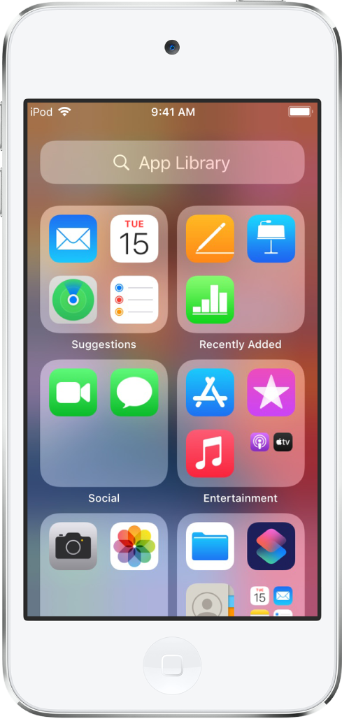 The iPod touch App Library showing the apps organized by category (Suggestions, Recently Added, Social, Entertainment, and so on).