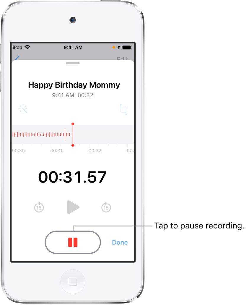 The Voice Memos screen showing a recording in progress, with an active Pause button and dimmed controls for playing, skipping forward 15 seconds, and skipping backward 15 seconds. The main part of the screen shows the waveform of the recording that’s in progress, along with a time indicator. The orange Microphone In Use Indicator appears at the top right, in the status bar.