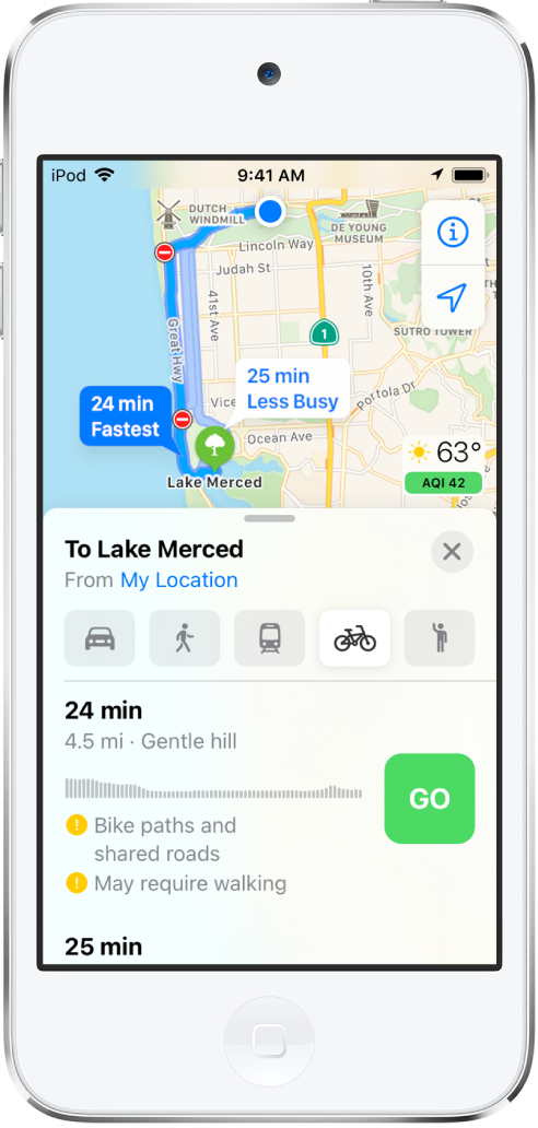 A map showing multiple cycling routes. The route card on the bottom provides details for the first route, including estimated time, elevation changes, and the types of roads. A Go button appears next to the route description.