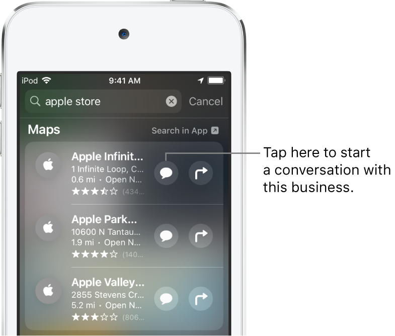 The Search screen showing found items for Maps. Each item shows a brief description, rating, or address, and each website shows a URL. The second item shows a button to tap to start a business chat with the Apple Store.