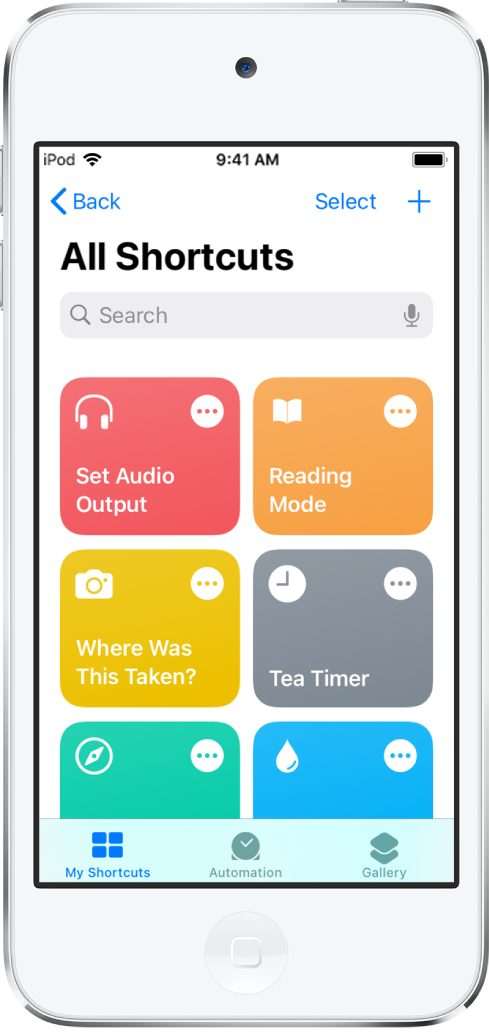 The My Shortcuts tab. At the top is a search field. Below that are shortcuts to complete common everyday tasks such as locating a nearby gas station and logging your travel. At the bottom are the Automation and Gallery tabs.