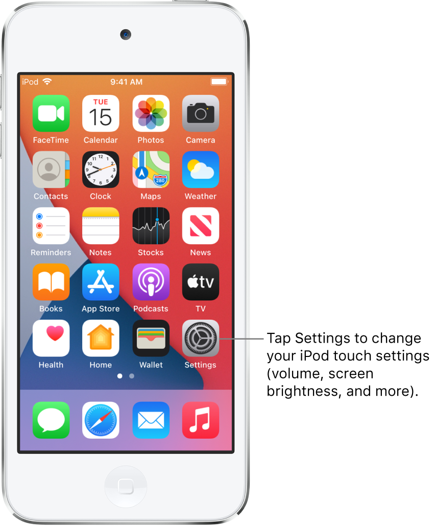 The Home Screen with several app icons, including the Settings app icon, which you can tap to change your iPod touch sound volume, screen brightness, and more.