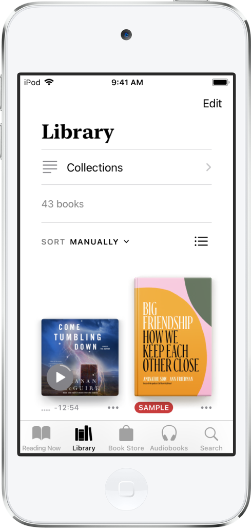 The Library screen in the Books app. At the top of the screen is the Collections button and sorting options. The sort option Manually is selected. In the middle of the screen are covers of books in the library. At the bottom of the screen are, from left to right, the Reading Now, Library, Book Store, Audiobooks, and Search tabs.