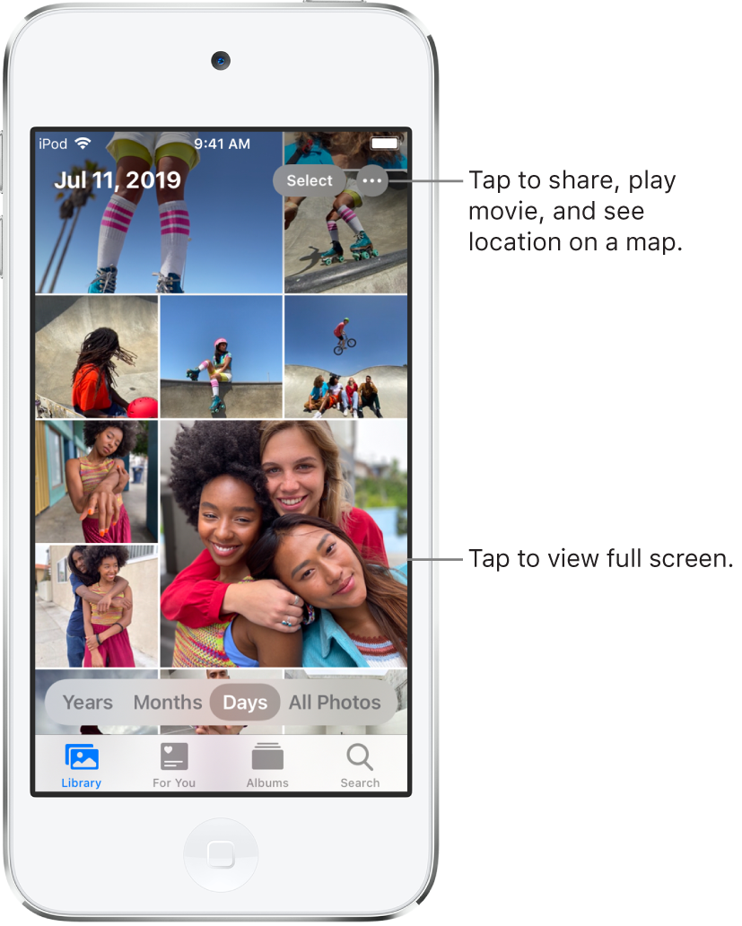 The photo library shown in Days view. A selection of photo thumbnails fills the screen. In the top left of the screen are the date and location where the photos were taken. In the top right are the Select and More Options buttons. Below the thumbnails are options to view the photo library by Years, Months, Days, and All Photos. Along the bottom are the Library, For You, Albums, and Search tabs.