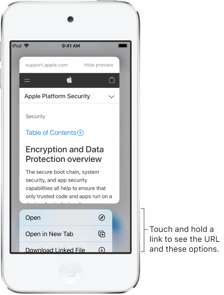 An overlay showing a preview of the destination URL followed by a list of possible actions: Open, Add to Reading List, Add to Photos, Copy, and Share.