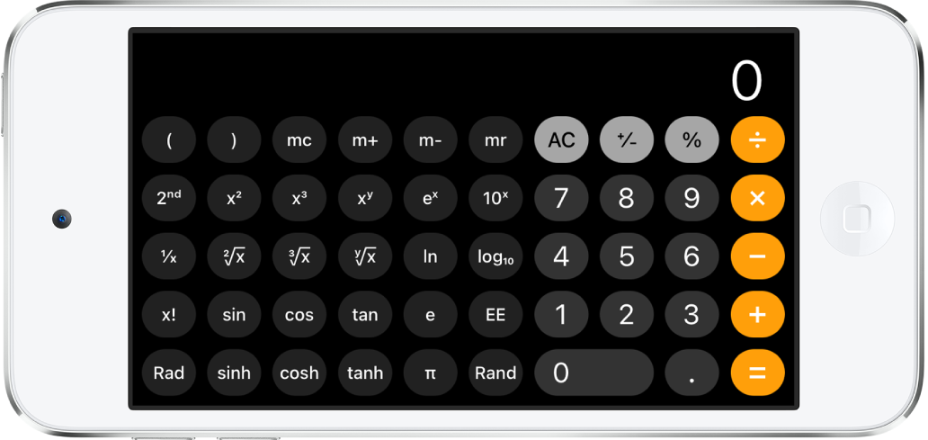 iPod touch in landscape orientation showing the scientific calculator with exponential, logarithmic, and trigonometric functions.