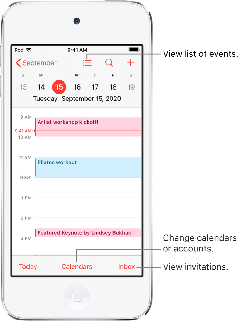 A calendar in day view showing the day’s events. Tap the Calendars button at the bottom of the screen to change calendar accounts. Tap the Inbox button at the bottom right to view invitations.