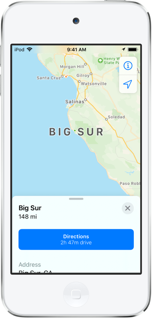 A map with an info card for Big Sur. The Directions button appears on the info card.