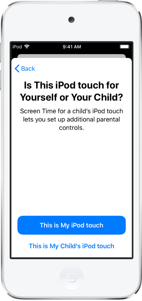 A setup screen of Screen Time showing the option to select This is My iPod touch or This is My Child’s iPod touch.