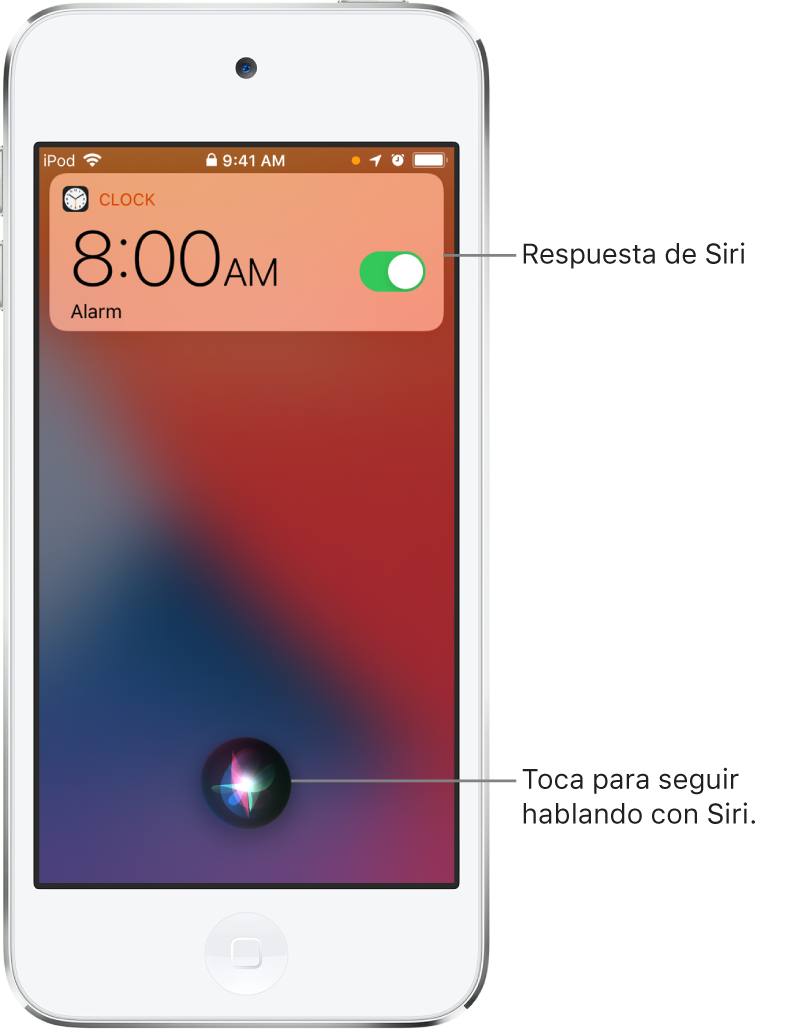 Siri en la pantalla bloqueada. Una notificación de la app Reloj muestra que hay una alarma activada para las 8:00 a.m. Un botón en la parte inferior de la pantalla se usa para seguir hablando con Siri.