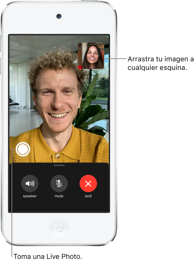 La pantalla de FaceTime mostrando una llamada en progreso. Tu foto aparece en un rectángulo pequeño en la parte superior derecha, y la imagen de la otra persona llena el resto de la pantalla. A lo largo de la parte inferior de la pantalla se muestran los botones Altavoz, Silenciar y Finalizar.