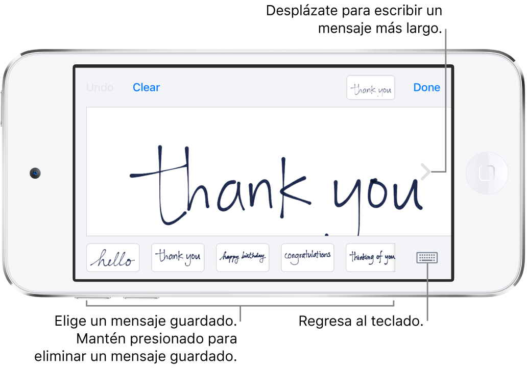 La pantalla de mensaje a mano con un mensaje escrito a mano. En la parte inferior, de izquierda a derecha, se encuentran mensajes guardados y el botón "Mostrar teclado".