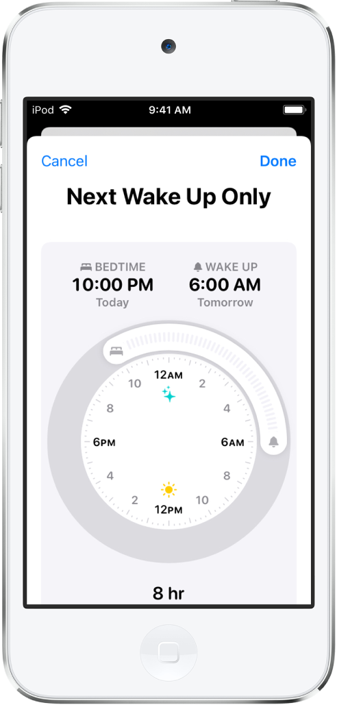 La pantalla de configuración de Sueño en la app Salud para “Sólo siguiente despertar”. En el centro de la pantalla hay un reloj; el horario de sueño está configurado a las 10:00 p.m. y el despertador a las 6:00 a.m.