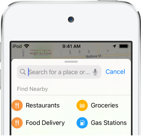 Aparecen las categorías de cuatro servicios cercanos debajo del campo de búsqueda. Las categorías son: Restaurantes, Supermercado, Comida a domicilio y Gasolineras.