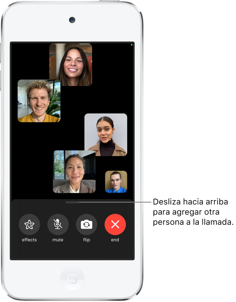 Una llamada grupal de FaceTime con cinco participantes, incluyendo al que inició la llamada. Cada participante aparece en un cuadro individual. En la parte inferior de la pantalla se muestran los controles Efectos, Silencio, Voltear y Finalizar.