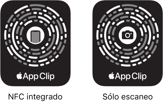 A la izquierda, un código de App Clip con NFC integrado con un ícono de iPhone en el centro. A la derecha , un código de App Clip de escaneo con un ícono de cámara en el centro.
