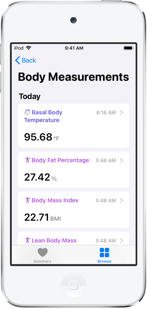 La pantalla de detalles de la categoría “Medidas corporales”.