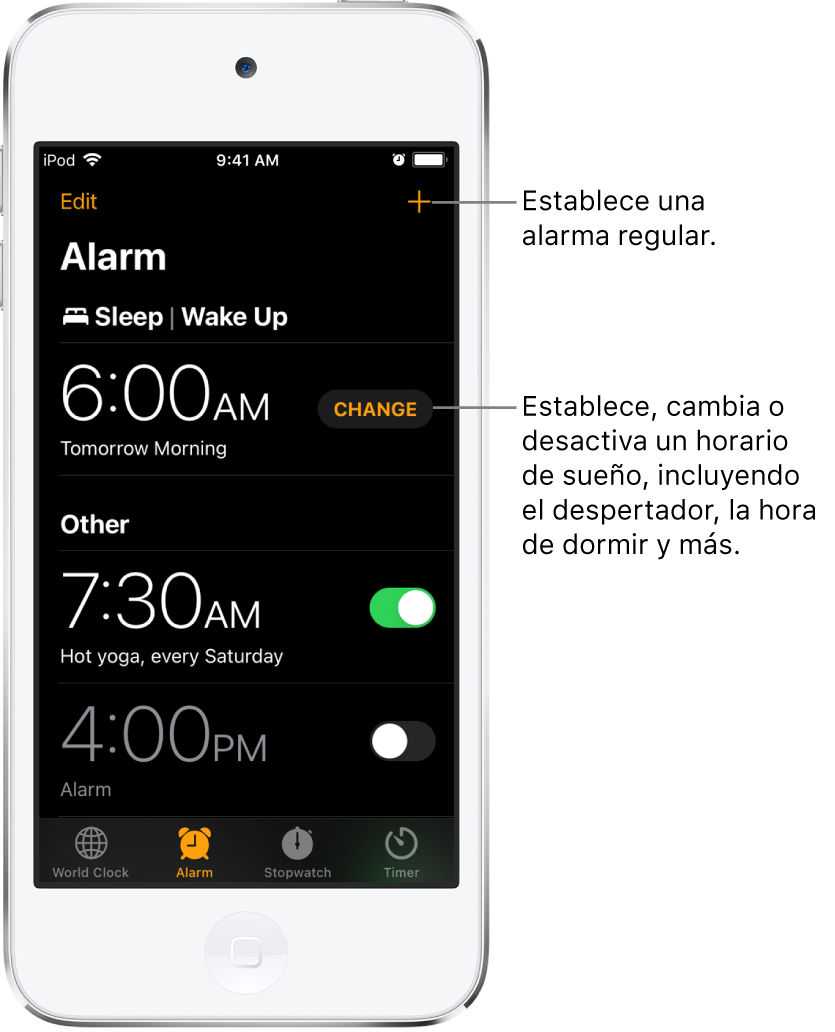 La pestaña Alarma mostrando tres alarmas para varias horas de día, el botón para establecer una alarma normal en la esquina superior derecha, y la alarma Despertador con un botón que permite cambiar el horario de sueño desde la app Salud.