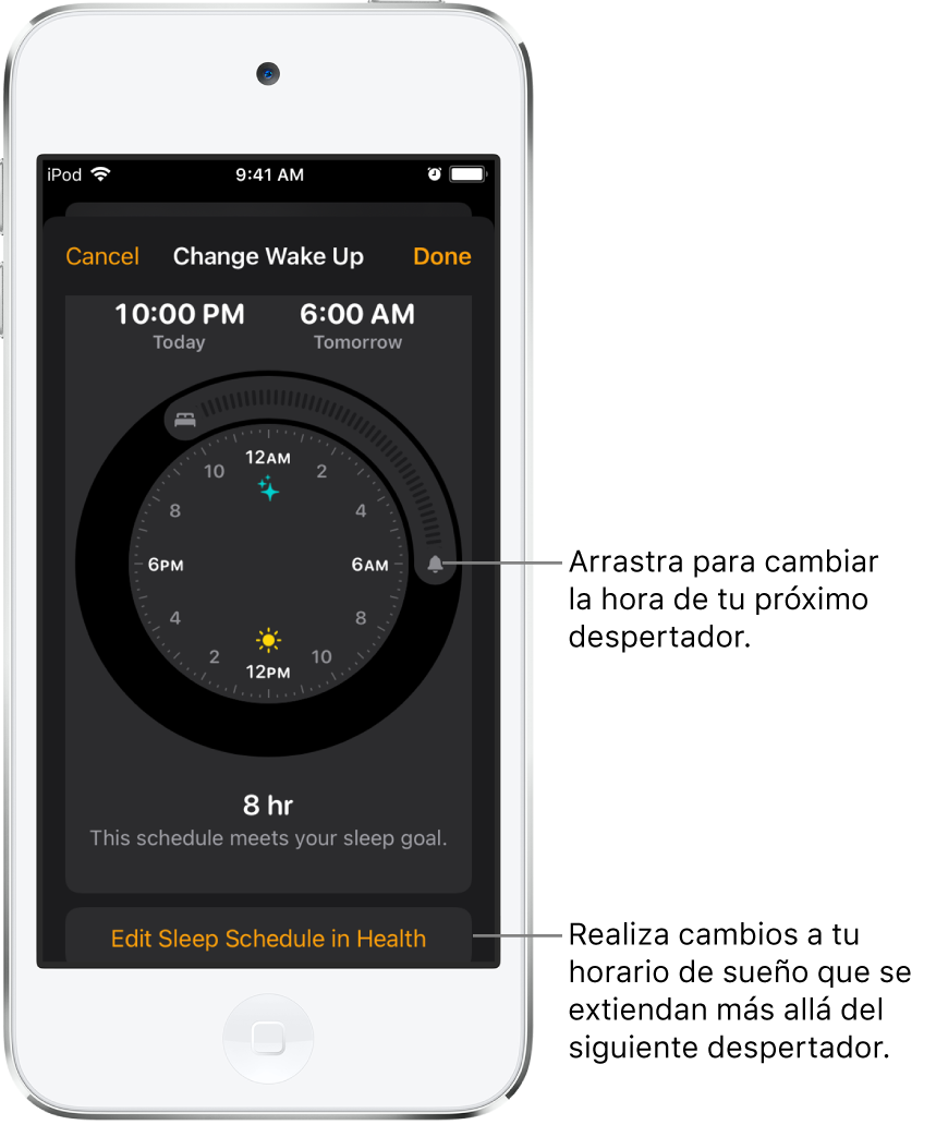 Una pantalla para cambiar la alarma del día siguiente, con botones que se pueden arrastrar para cambiar las horas de dormir y de despertar y un botón para cambiar el horario de sueño en la app Salud.