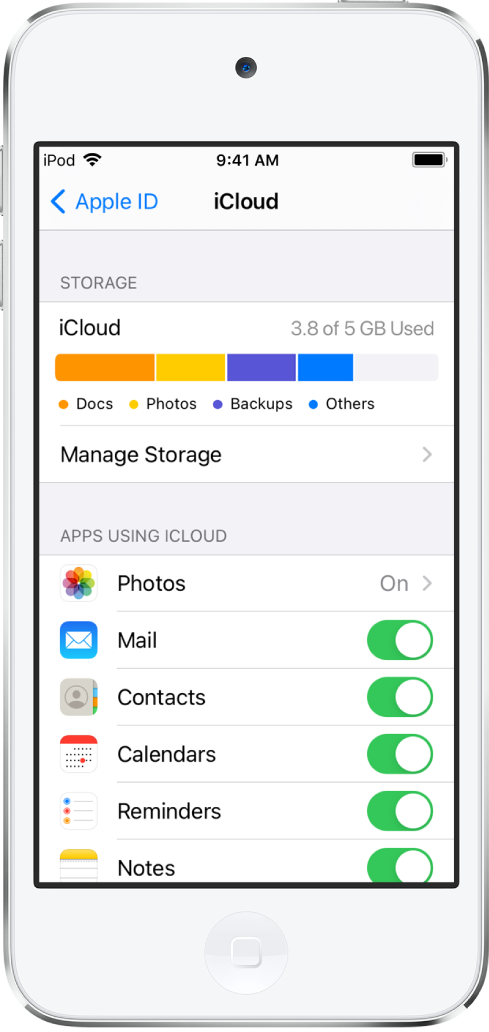 La pantalla de configuración de iCloud mostrando el indicador de almacenamiento de iCloud y una lista de funciones, como Mail, Contactos y Mensajes, que se pueden usar con iCloud.