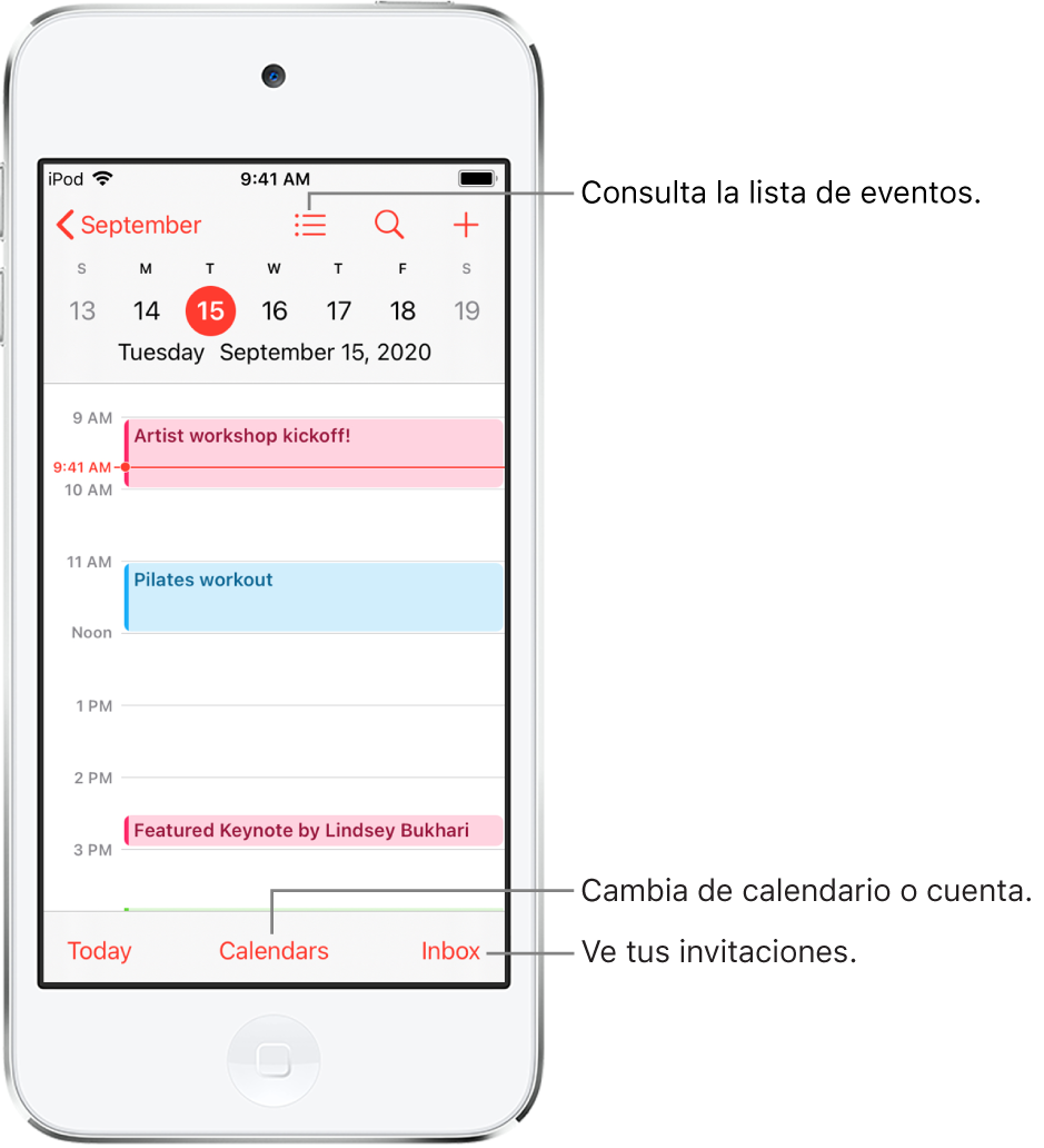 Un calendario en la vista por día mostrando los eventos del día. Toca el botón de calendarios ubicado en la parte inferior de la pantalla para cambiar de cuenta de calendario. Toca el botón Entrada ubicado en la parte inferior derecha para ver las invitaciones.