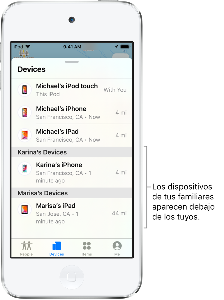 La pestaña Dispositivos de Encontrar. En la parte superior de la lista se muestran los dispositivos de Miguel. Debajo, se muestran el iPhone de Karina y el iPad de Mariel.