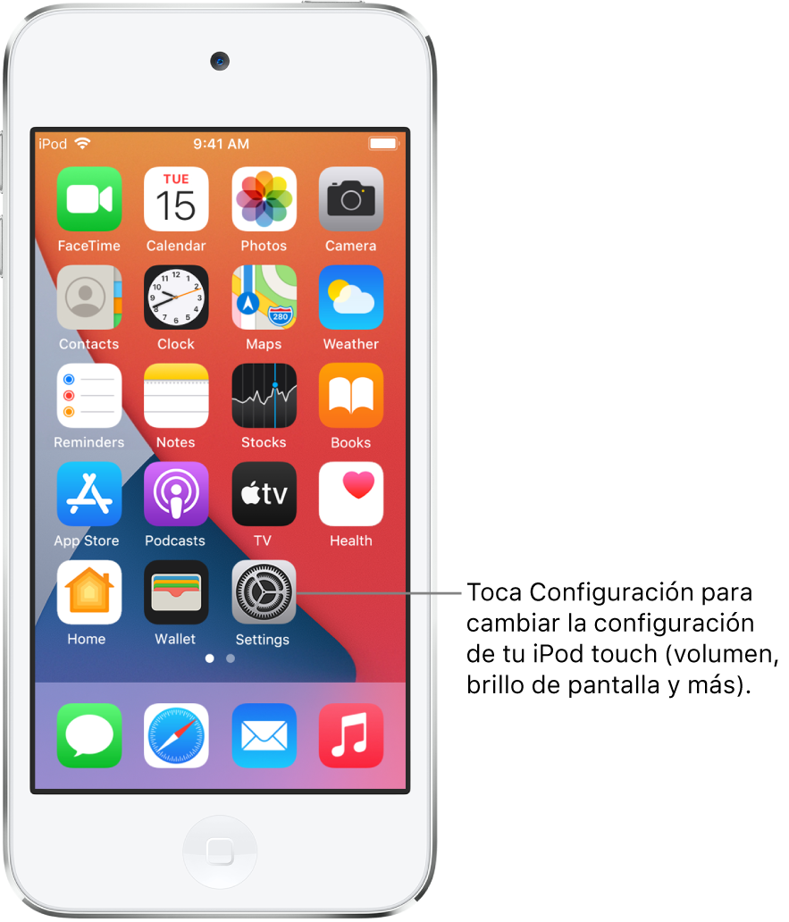 Pantalla de inicio con varios íconos de apps, incluyendo el ícono de la app Configuración, que puedes tocar para modificar el nivel del volumen del iPod touch, el brillo de la pantalla y más.