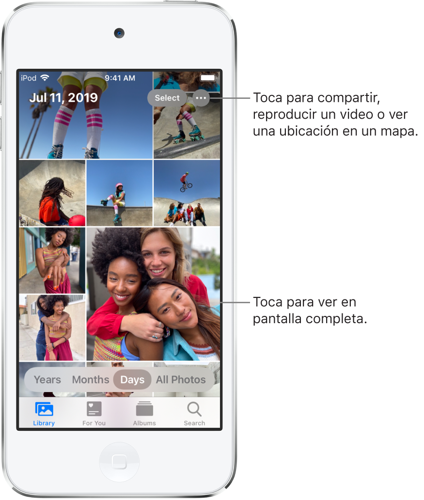 La fototeca en la vista por días. Una selección de miniaturas de fotos llena la pantalla. En la parte superior izquierda de la pantalla están la fecha y la ubicación en las que se tomaron las fotos. En la parte superior derecha están los botones Seleccionar y "Más opciones". Debajo de las miniaturas están las opciones para ver la fototeca por años, meses, días y todas las fotos. A lo largo de la parte inferior están las pestañas Biblioteca, Para ti, Álbumes y Buscar.