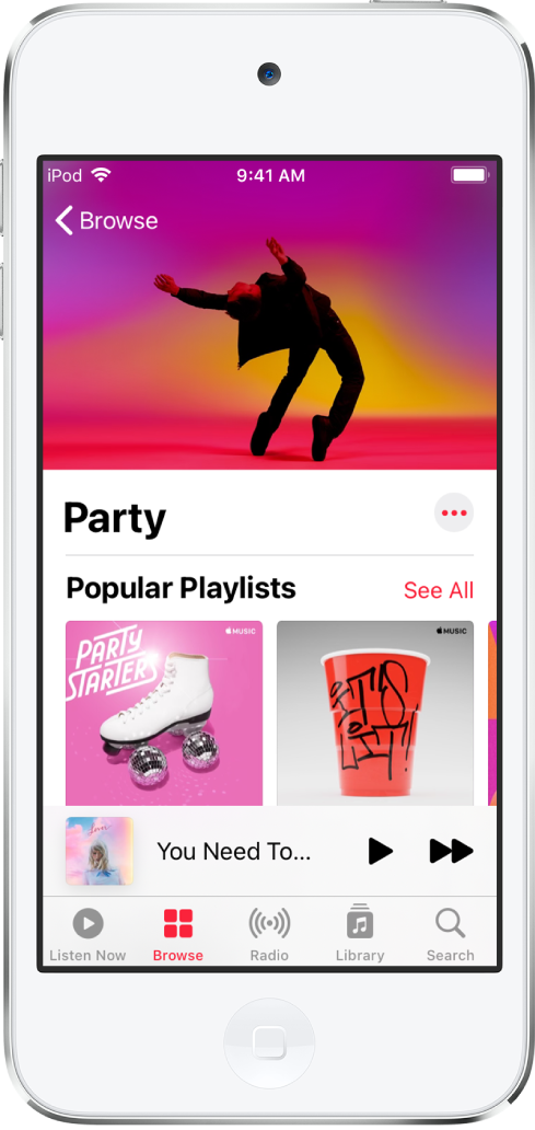 Pantalla Explorar de Apple Music con listas de reproducción para fiestas.