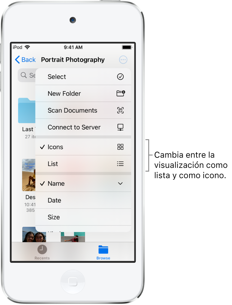 Ubicación de iCloud Drive para archivos de fotografía. Los ítems, organizados por nombre, son una carpeta llamada “Renovación de la casa” y seis documentos: Parada en el desierto, Azul Carolina, Pantano, Sombras de hojas, Voltereta de Marcos y Verde Susana. Cerca de la parte superior derecha se muestra un botón para cambiar entre la visualización de lista y como iconos.