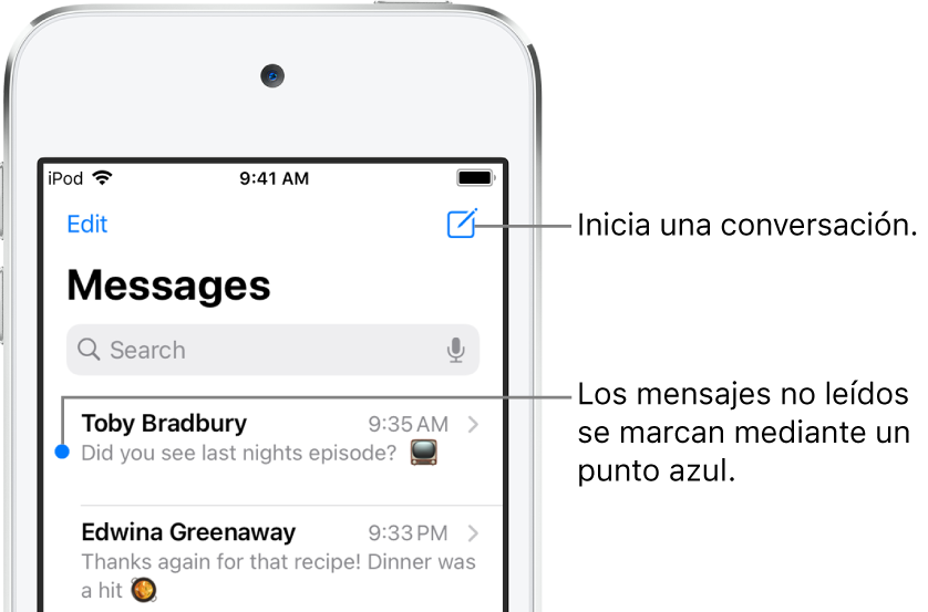 La lista Mensajes con el botón Editar en la parte superior izquierda y el botón Redactar, en la parte superior derecha. Un punto azul a la izquierda de un mensaje indica que no se ha leído.